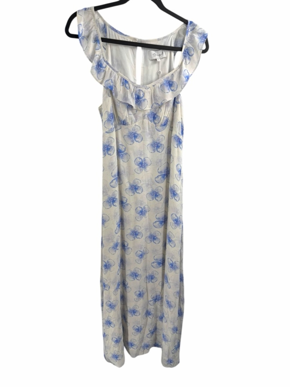 B. right The label Floral Ruffle-Neck Maxi Dress - Blue on Cream Size Large New